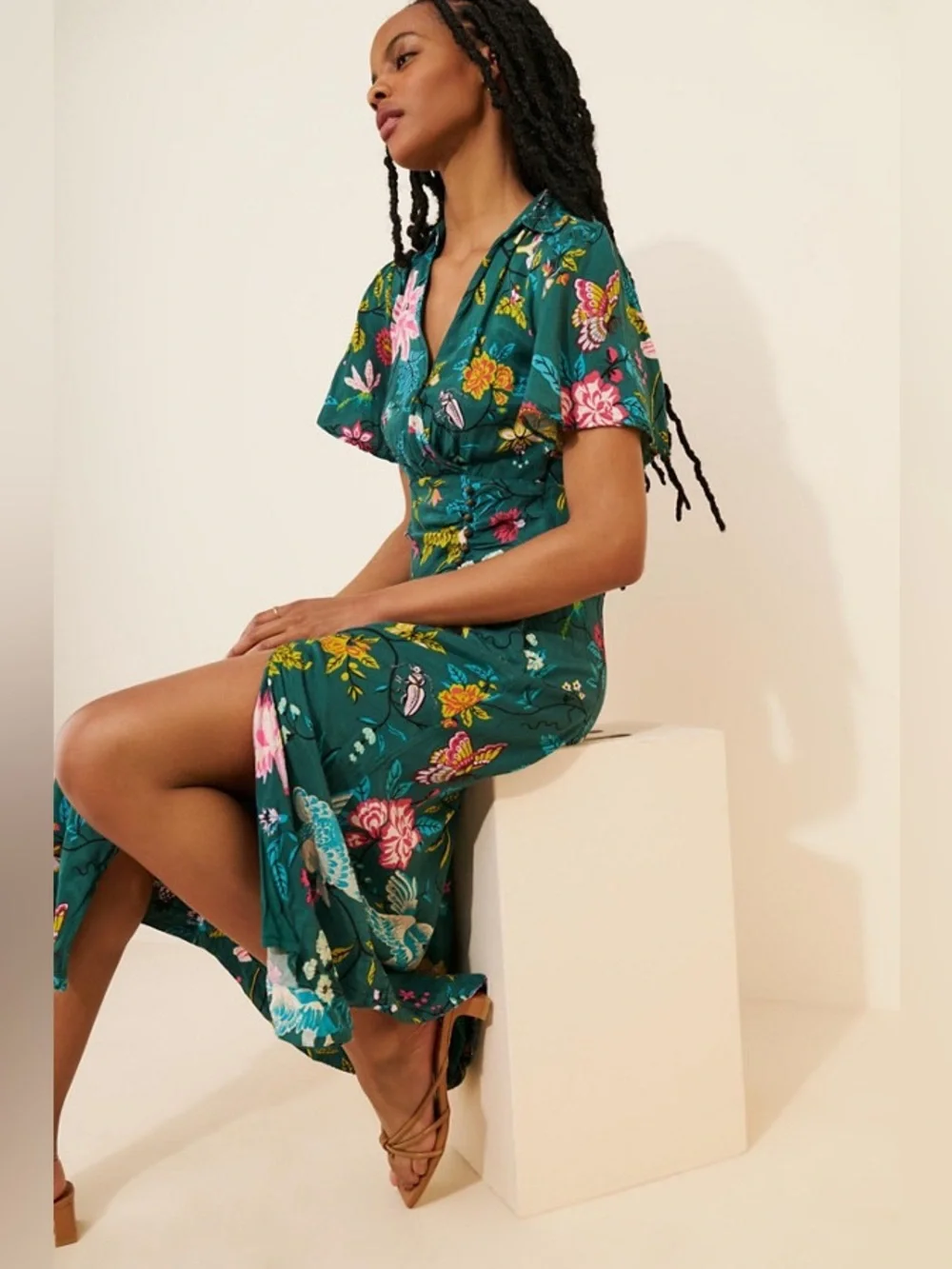 Anthropologie Maeve Floral Button Front Wrap Shirt Dress Size 8 Green Boho - Picture 2 of 15
